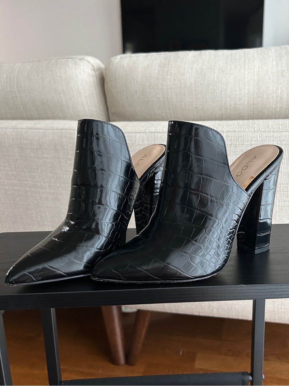 ALDO Black Croc-Embossed Pointed Toe Mule Heels